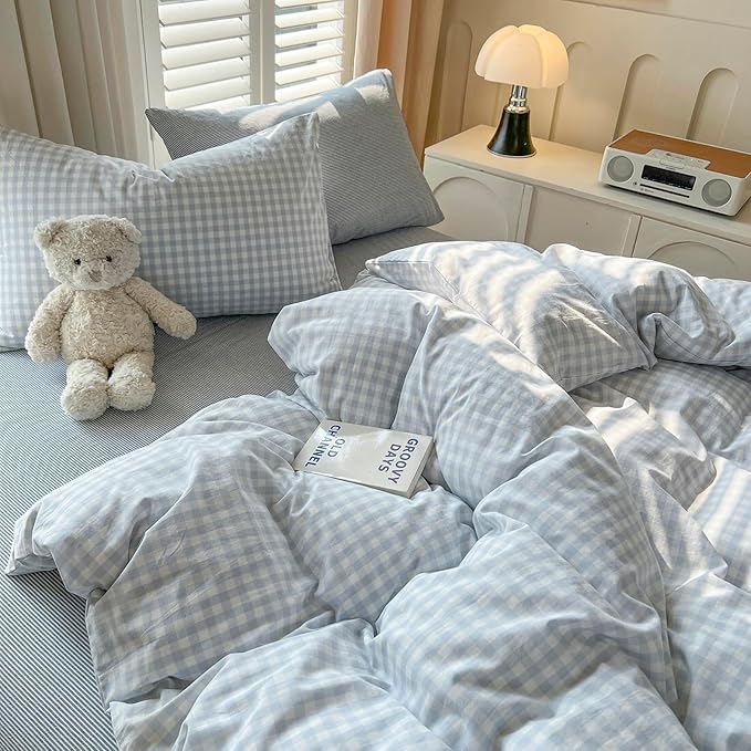 LifeTB Blue Gingham Comforter Set Twin XL 3 Pieces Blue Plaid Checkered Comforter Set Lightweight Grid Bedding Comforter with 2 Pillowcases Soft Farmhouse Gingham Bedding Set for All Seasons