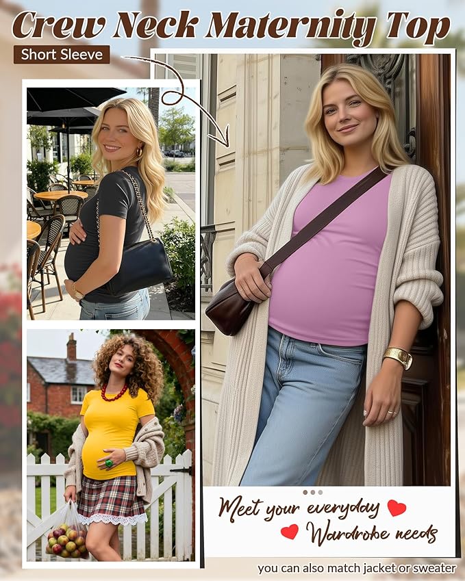 Huukeay 4 Pack Women's Maternity Shirts, Crew Neck Maternity Top Short Sleeve Casual Cotton Tee Side Ruched Pregnancy Clothes