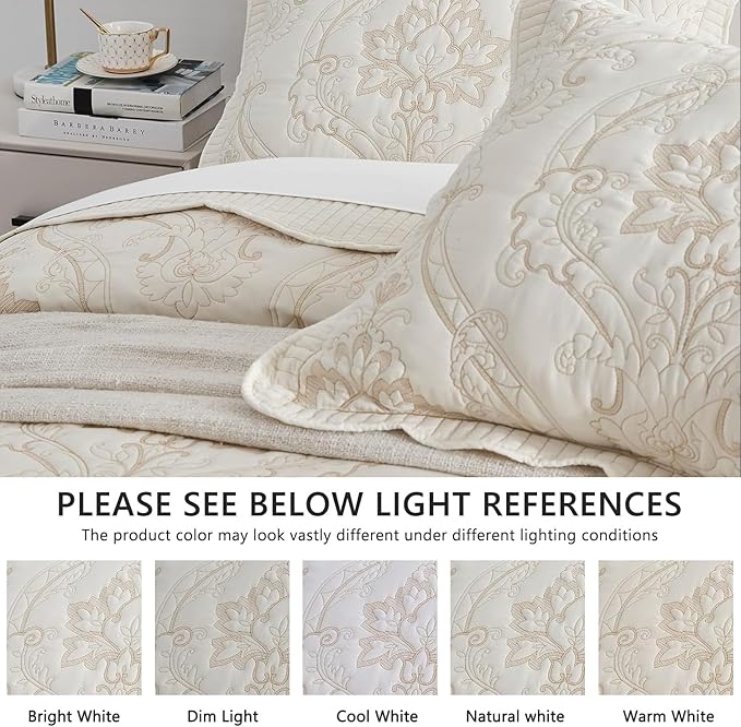 CHIXIN Oversized Bedspread Coverlet Set King Size - Lightweight Bedding Cover - Beautiful Stitching - 5 Piece Reversible Bedspread - Gorgeous Damask Paisley Pattern (King, Ivory-Yellow)