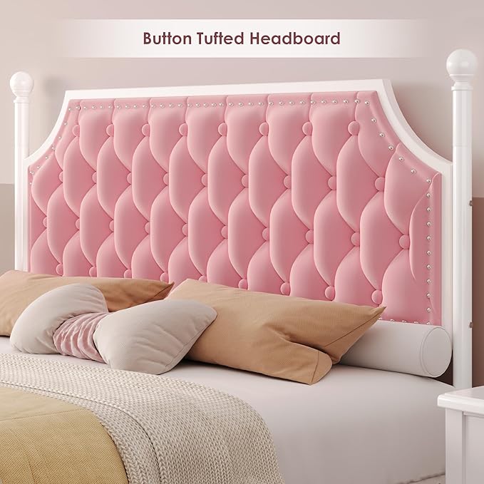 Keyluv Queen Upholstered Canopy Bed Frame with 2 Drawers and Button Tufted Headboard, Metal Platform Bed with 4 Removable Posts Two-Purpose Velvet Bed No Box Spring Needed, Pink/Curtains Not Included