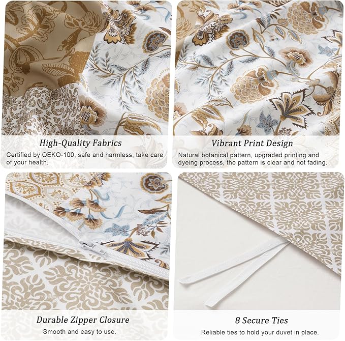 PHF Ultra Soft Floral Duvet Cover Twin Size, Printed boho Bedding Set 2 Pieces, Comfy Farmhouse Reversible Paisley Pattern Duvet Cover Set with 1 Pillow Shams, Zipper Closure and 6 Ties, 68"x90",Brown