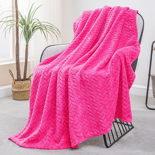 Exclusivo Mezcla Fleece Throw Blanket for Couch and Bed, 50x70 Inches Soft Cozy Jacquard Flannel Blankets, Lightweight Fuzzy Plush Warm Throws for Women, Hot Pink