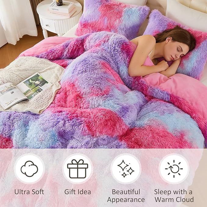 EMME Luxury Fuzzy Duvet Cover Set King Size Fluffy Comforter Cover Set for King Bed 2 Pieces Shaggy and Plush Soft Bedding Duvet Covers (Rainbow Pink Purple, King)