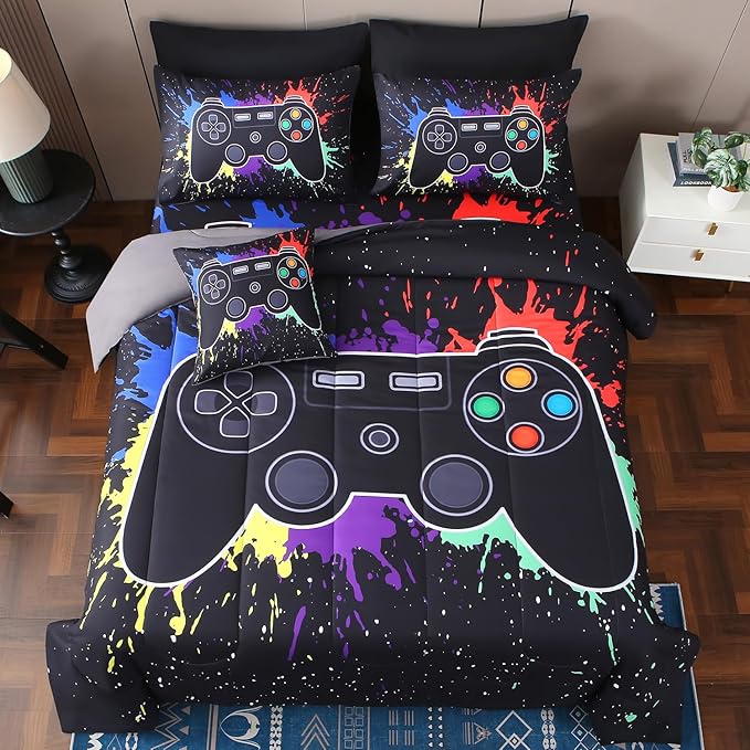 JQinHome Queen Gamer Comforter Sets for Boys,8 Piece Bed in A Bag 3D Video Game Bedding -All Season Microfiber Gamer Bedding Sets for Kids, with Pillowcase, Flat & Fitted Sheet,Cushion Cover(Black)