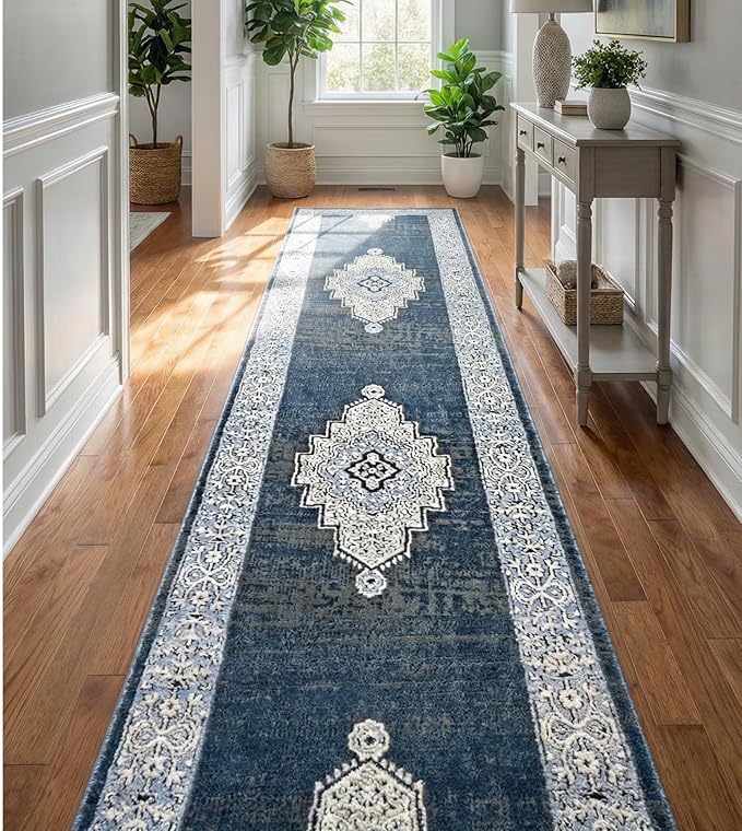 Well Woven Custom Size Runner - Obsidian Midnight Blue Vintage Medallion Rug 27 Inch Wide x 22 Feet Long (27" x 22' Runner) | Heritage-Inspired, Soft, Easy to Clean Rug for Hallway, Stairs, Entry