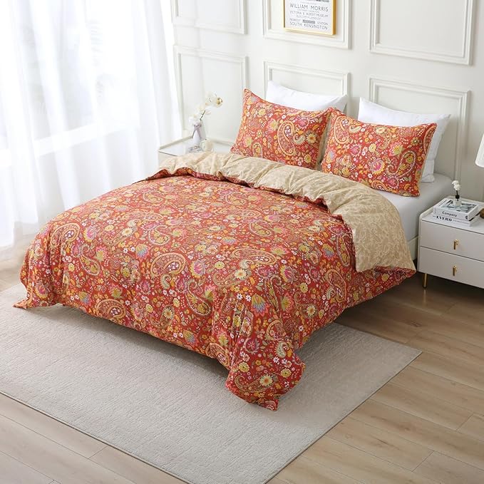 ABREEZE Paisley Bedding Sets 3Pcs Brushed Cotton Duvet Cover Set Full Size Rustic Damask Red Floral Comforter Cover with Zipper Closure Boho Bedding Collections