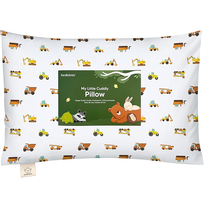 KeaBabies Toddler Pillow with Pillowcase - 13x18 My Little Cuddly Kids Travel Pillows for Sleeping, Nap, Viscose from Bamboo Nursery Pillowcase, Soft & Breathable, Toddler 2-5 Years Old (Construction)