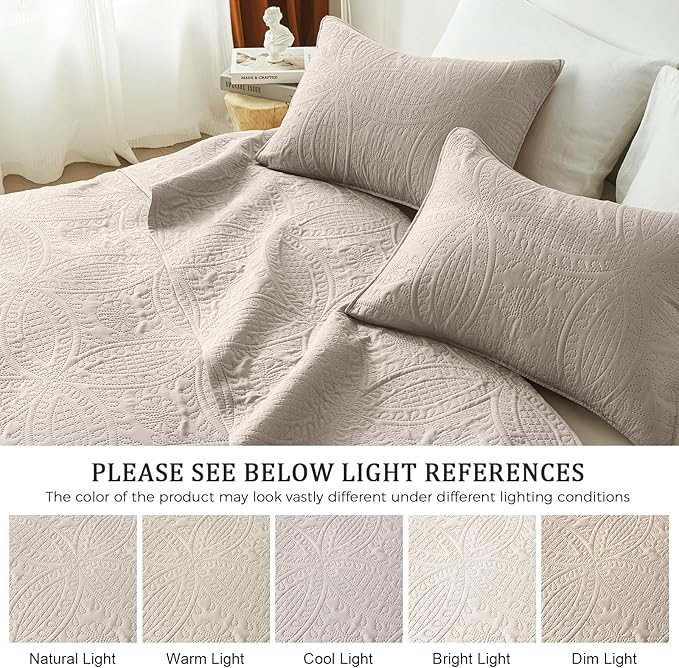 akkialla Taupe Full/Queen Quilt Set, Ultrasonic Lightweight Bedspread Coverlet for Modern Minimalist Bedroom, Soft Microfiber Coin Pattern Bedding, 3-Piece (1 Quilt, 2 Pillow Shams) | Breathable fabric