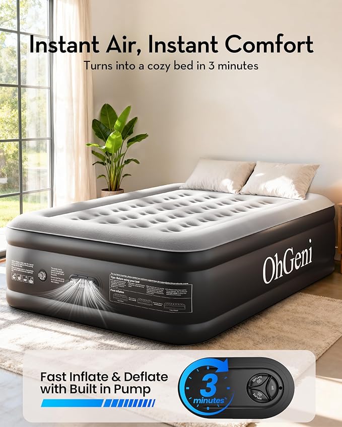 OhGeni Air Mattress Full with Built-in Pump,18'' Comfortable Blow Up Colchones Inflables Mattress for Home,Guests,Foldable,Portable Bed for Adults,Durable Airbed Supports Up to 600 lbs,Black