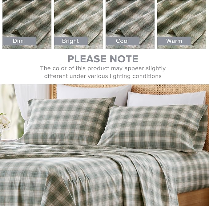 Comfort Spaces 100% Cotton Sheets King, Breathable, Naturally Cool Cotton Sheets, Soft Cotton Bed Sheets with 14" Elastic Pocket Fits up to 16" Mattress, All Seasons Sheet Set, Wesley Green 4 Piece