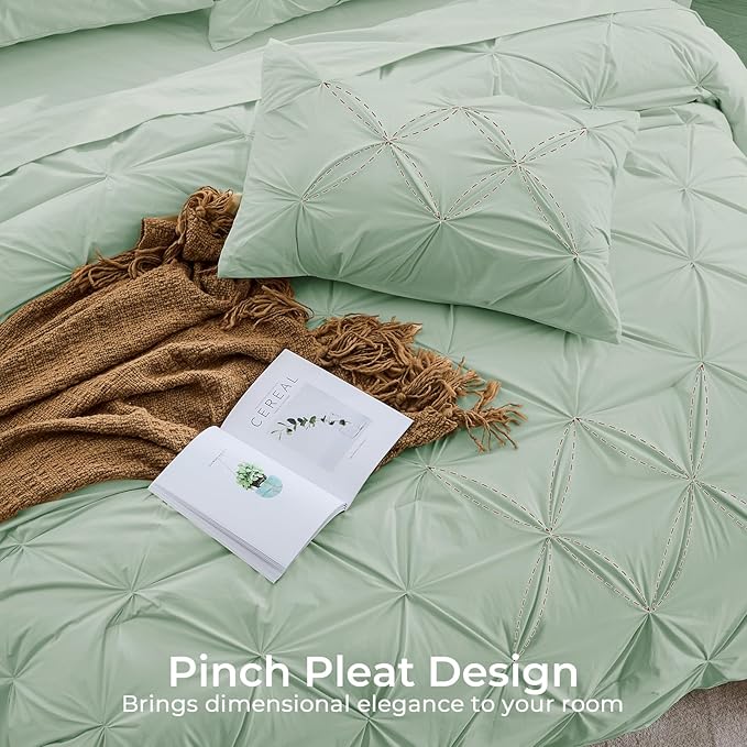 Sasttie California King Comforter Set, 7-Piece Bed in a Bag, Pintuck Bedding Sets for All Season, Includes Comforter, Flat Sheet, Fitted Sheet, Pillowcases and Pillowshams, Sage