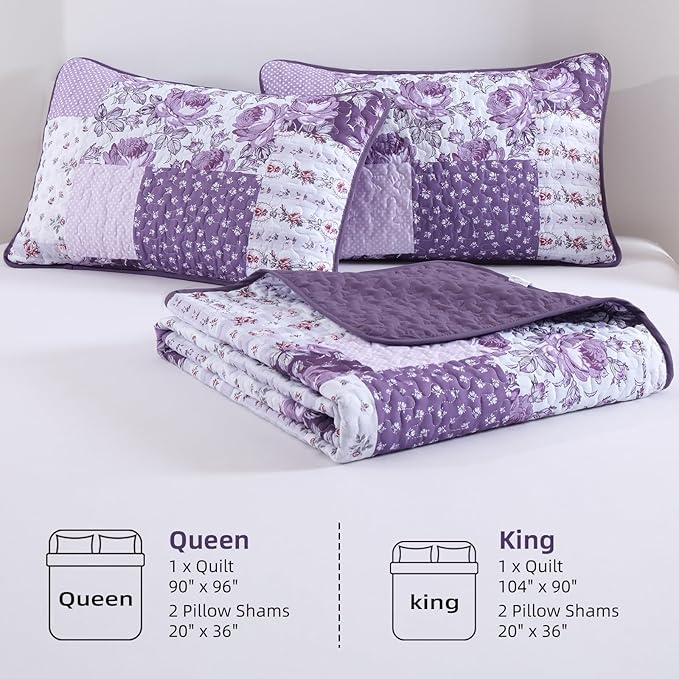 Purple Quilt Set King Size, Boho Floral Plaid Bedspread Coverlet Set, Patchwork Quilt Bedding Set, Farmhouse Soft Lighweight Bedspread Set for All Season