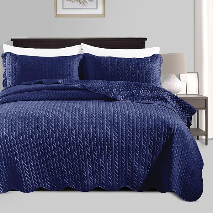 IR Imperial Rooms California King Quilt Bedding Set Size (118"x106") + 2 Pillow Shams (20" x 36"+ 2") - 3 Pcs All Season Reversible Microfiber Coverlet Embossed Quilt Bedspread (Navy)