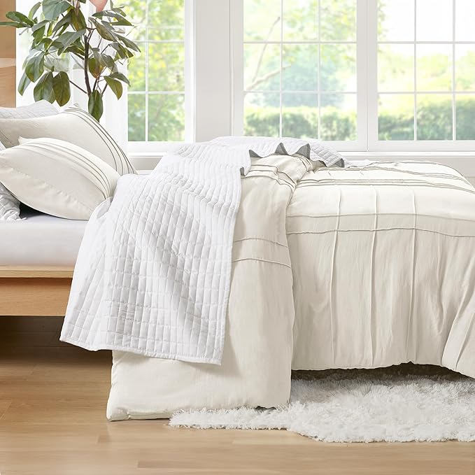 Comfort Spaces Cream Queen Size Duvet Cover Set - 3 Pieces Pintuck Pleated Duvet Cover Queen, All Season Lightweight, Extra Softness Pre-Washed Microfiber Queen Bedding Cover Shams, Full/Queen