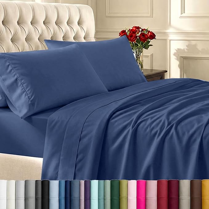 California Design Den Queen Sheet Set - 400 Thread Count Sateen, Natural 100% Cotton Bed Sheets, Deep Pockets with All Around Elastic, Soft, Durable Bedding - Navy Blue