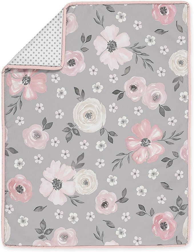 Sweet Jojo Designs Grey Watercolor Floral Baby Girl Nursery Crib Bedding Set - 4 Pieces - Blush Pink Gray and White Shabby Chic Rose Flower Polka Dot Farmhouse