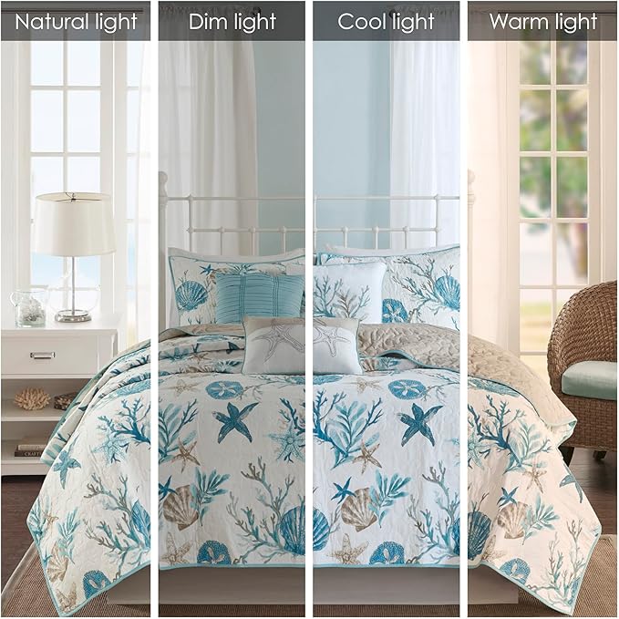 Madison Park Quilt Set Cottage Coastal Design, Starfish Print - All Season, Coverlet Bedspread Lightweight Bedding Layer, Shams, Toss Pillows, King/Cal King(104"x94"), Pebble Beach Aqua 6 Piece