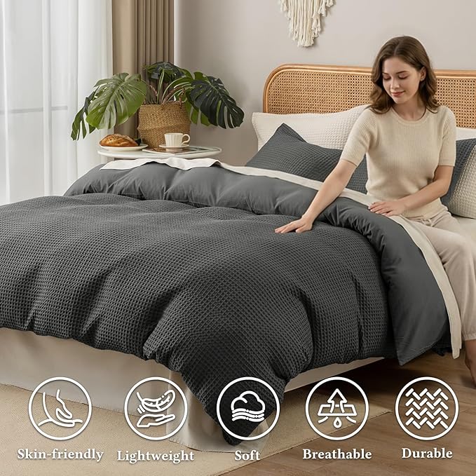 David's Home Waffle Weave Duvet Cover Set King Size,Soft Breathable 3pcs Comforter Cover Set with 2 Pillowcases,Textured Home Decor Bedding Set Cozy for All Seasons,Grey 104"×90",No Comforter