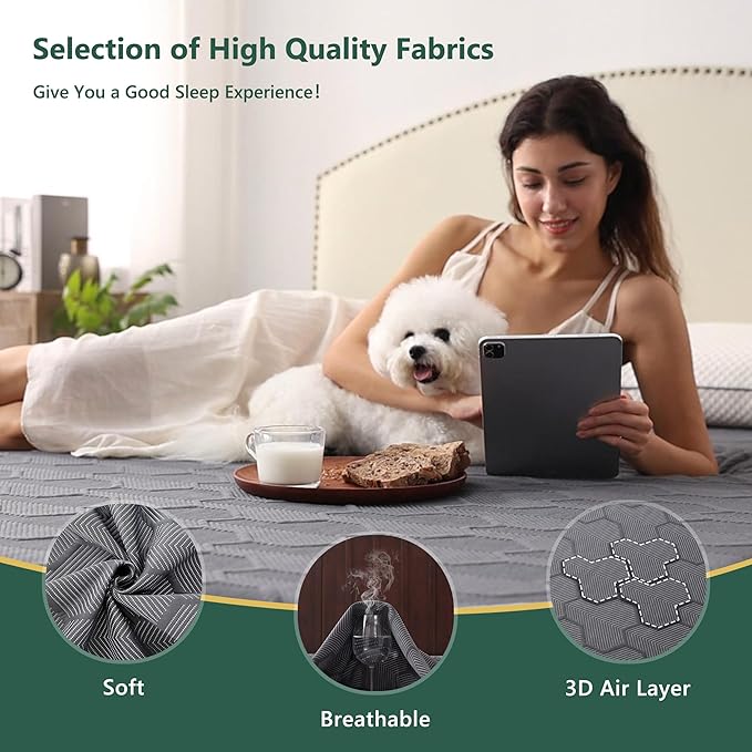 Queen Size Waterproof Mattress Protector, 40% Rayon Derived from Bamboo Grey Mattress Pad Cover, 3D Air Fabric Breathable Mattress Pad Fitted with Deep Pocket 6"- 15" Machine Washable