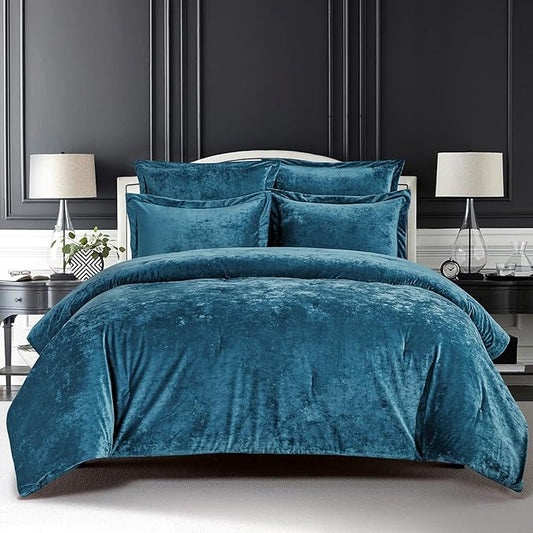 Sunshine Nicole Distressed Velvet Comforter Set, Distressed Velvet Face and Brushed Solid Microfiber Reverse, with Light Weight Soft Poly Fill, 5 Pieces Teal, King
