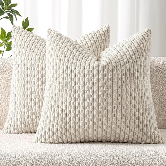 MIULEE Pack of 2 Decorative Throw Pillow Covers 24x24 Inch Soft Boho Striped Textured Corduroy Pillow Covers Modern Farmhouse Home Decor for Couch Bed Sofa Living Room Cream White