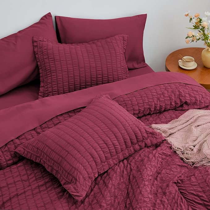 Love's cabin Seersucker Burgundy Full Comforter Set, 7-Piece All Season Lightweight Bed in a Bag Bedding Set with Comforter, Flat Sheet, Fitted Sheet, Pillowcases and Shams | Soft, Breathable, Lightweight