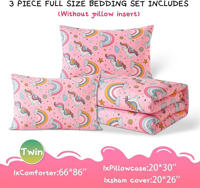 Glow in The Dark Kids Comforter Set, 3 Pieces Pink Unicorn Bedding Set Twin Size for Boys Girls Teen, 1 Comforter, 1 Pillowcase, 1 Pillow Sham
