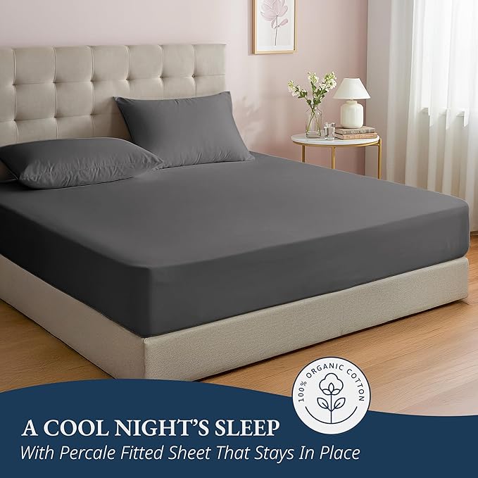 LANE LINEN Fitted Sheets Twin Size, 100% Organic Cotton 2-Piece Set (1 Fitted Sheet, 1 Pillowcase), Percale Weave, Ultra Soft, Breathable,Fits Mattress Upto 15'' Deep - Charcoal (No Flat Sheet)