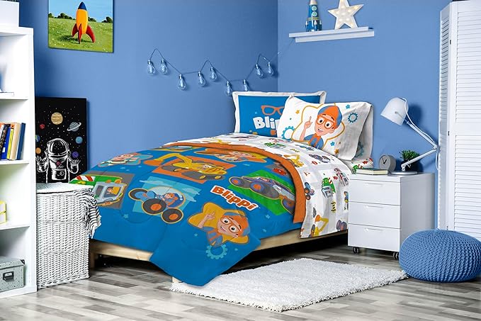 Jay Franco Blippi & Meekah Trucks Twin Comforter Set - 5 Piece Blue Bedding Sheet Set & Pillow Covers - Super Soft Microfiber Bed Set