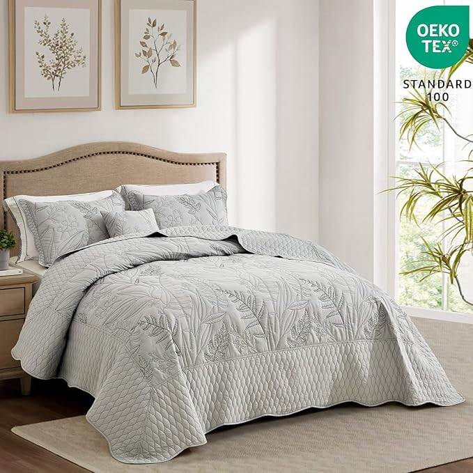 Botanical Oversized Bedspread Queen Size - Leaves Pattern Stitching Quilt Set - Elegant & Fresh Style Bedding Coverlets, Reversible, Lightweight, 5 Piece, Grey