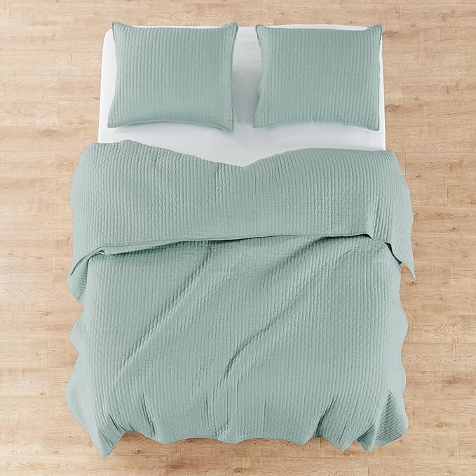 Levtex Home Cross Stitch Reversible Full/Queen Quilt Set (88x92in) with 2 Pillow Shams (26x20in) - Stitch Texture - Blue Haze - Cotton Full/Queen Size Quilt Bedding Set - Lightweight, Soft, Pre-Washed