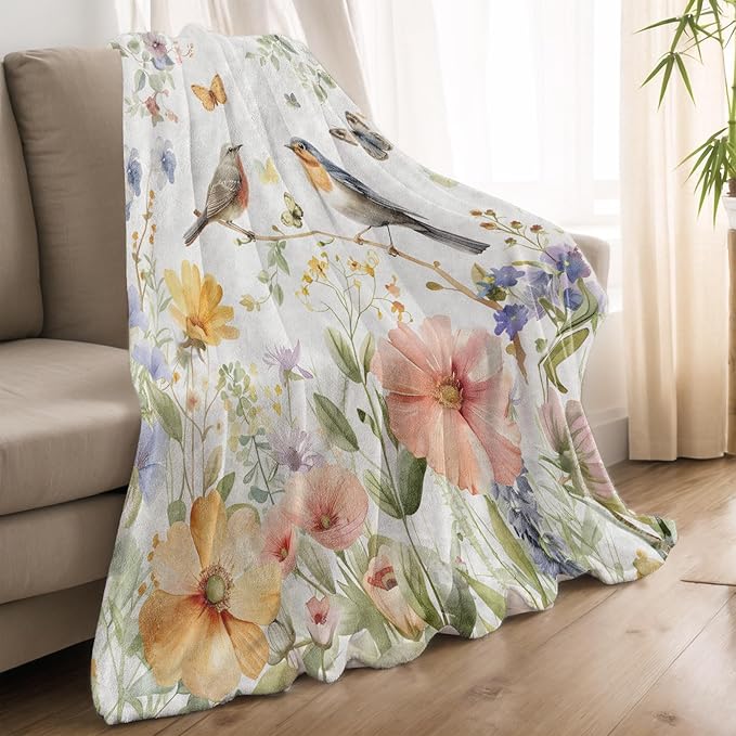 Bird Blanket Lightweight Blankets Gifts for Nature Lover Flannel Throw with Colorful Butterfly and Wildflower Printed for Sofa, Bed, Travel, Camping, Office, Spring Decor Throws 80x60 Inch