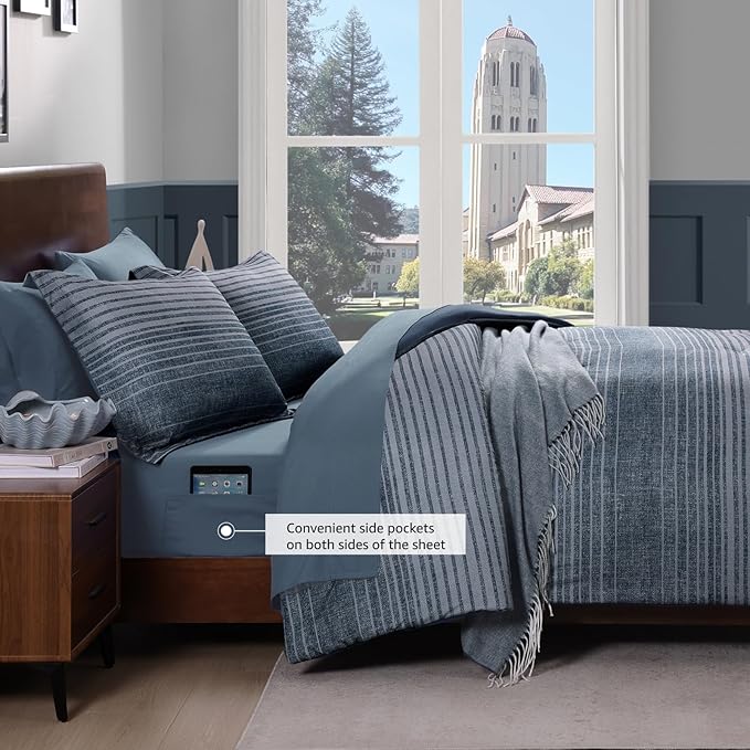 Queen Comforter Set Striped, Lake Blue Bedding Set 7 Pieces for Boys Girls Teen, All Season Bed in a Bag for Dorm with Sheets, Pillowcases & Shams