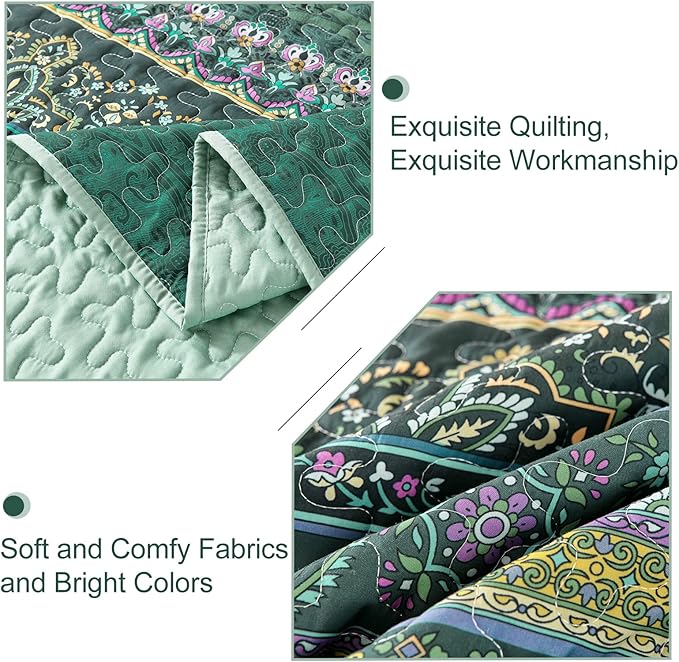WONGS BEDDING Boho Quilt King Size, Green Bohemian King Quilt, Lightweight Microfiber Bed Decor Bedspread for All Season 103"x90"(3 Pieces)
