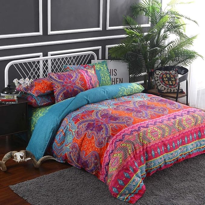 Boho King Duvet Cover, 100% Microfiber Ethnic Bohemian Colorful Bedding Set for Men Women, Yellow Orange Modern Geo Bohemian Print Duvet Cover, with Zipper Closure Luxury Soft Durable (King, 3pcs)