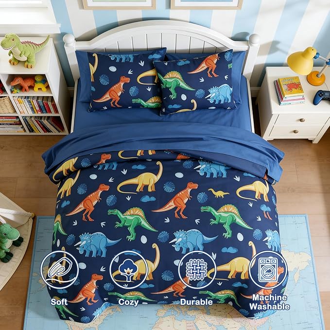 Full Comforter Set for Boys Kids - 7 Pieces Navy Dinasour Full Size Bedding Sets for Kids, Soft Cozy Bed in A Bag with Sheets