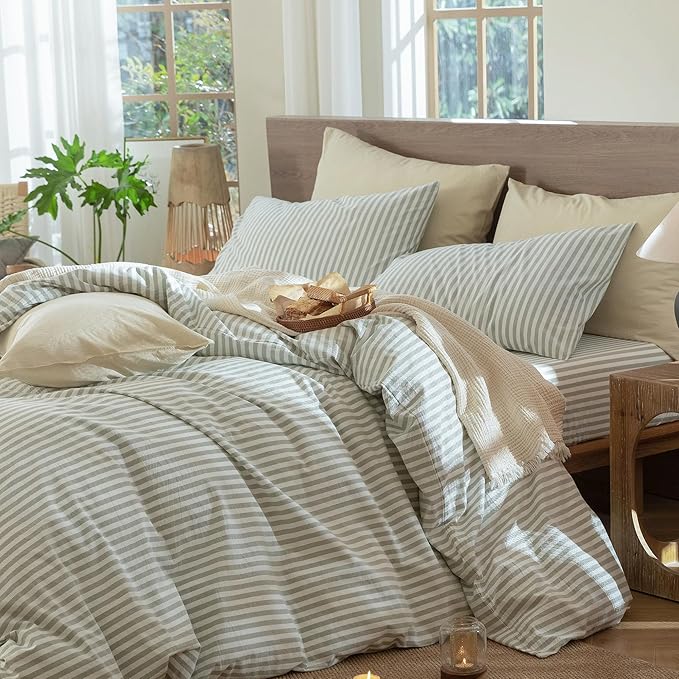 MooMee Striped Duvet Cover Set 100% Washed Cotton Linen Like Textured Breathable Durable Soft Comfy (Sage Green White Classic Stripes, Oversized Queen 98"x98")