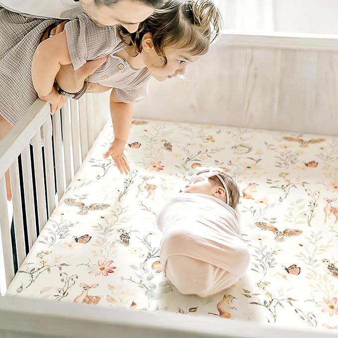 GRSSDER Stretch Ultra Soft Jersey Knit Fitted Crib Sheets Set 2 Pack，Fit All Standard Crib Mattress Pads Safe and Snug, Crib Fitted Sheet for Girls, Beautiful Blush Pink Floral and Cute Animals Print