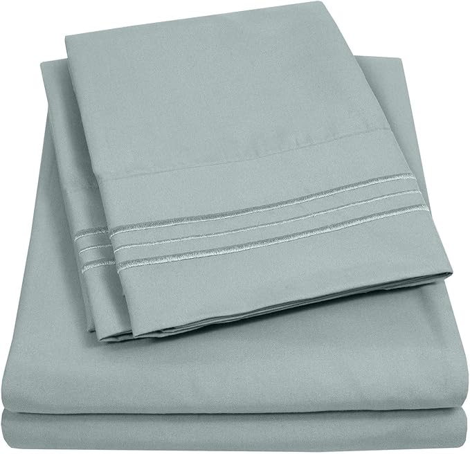 Twin Size Sheet Set with Built-in Sheet Straps - Deep Pocket Fitted Sheet, Flat Sheet & Pillowcases - Soft, Wrinkle-Free, Secure Fit - Slate