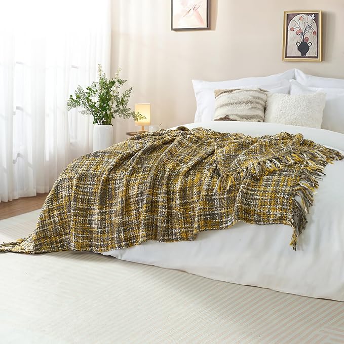 Multi-Color Gold Cable Knitted Throw Blanket for Couch,50"X60" Boho Style Textured Blankets for Home Decor,Super Soft Warm Cozy Chunky Knit Blanket with Decorative Tassels for Bed and Sofa