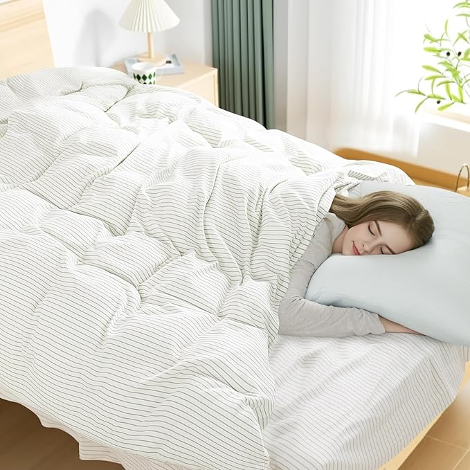 NEXHOME PRO Striped Duvet Cover Queen Size,100% Washed Cotton Bedding Set,Textured Linen Feel,Breathable,Organic,3 Piece(Green Stripes 90x90)