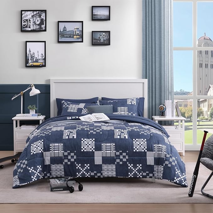 Twin XL Comforter Set Navy Blue, Plaid Bedding Set 5 Pieces for Boys Girls Teen, Classic Homestead-Style Comforter Set Bed in A Bag with Sheets, Pillowcase & Sham