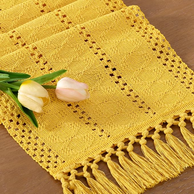 Socomi Boho Table Runner Valentine's Day Farmhouse Rustic Dining Kitchen Centerpiece Decor Small Macrame Woven Cotton Linen Coffee Table Runner for Dresser Scarf Home Decor 12x36 in Yellow Gold