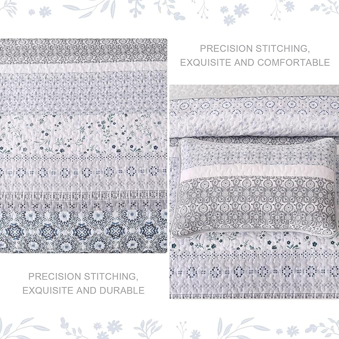 WONGS BEDDING Boho Quilt Set King, Bohemian Grayish Blue Striped Patchwork Bedspread Coverlet Set with 2 Pillowcases,Lightweight Microfiber Floral Bedding Set 104"×90"