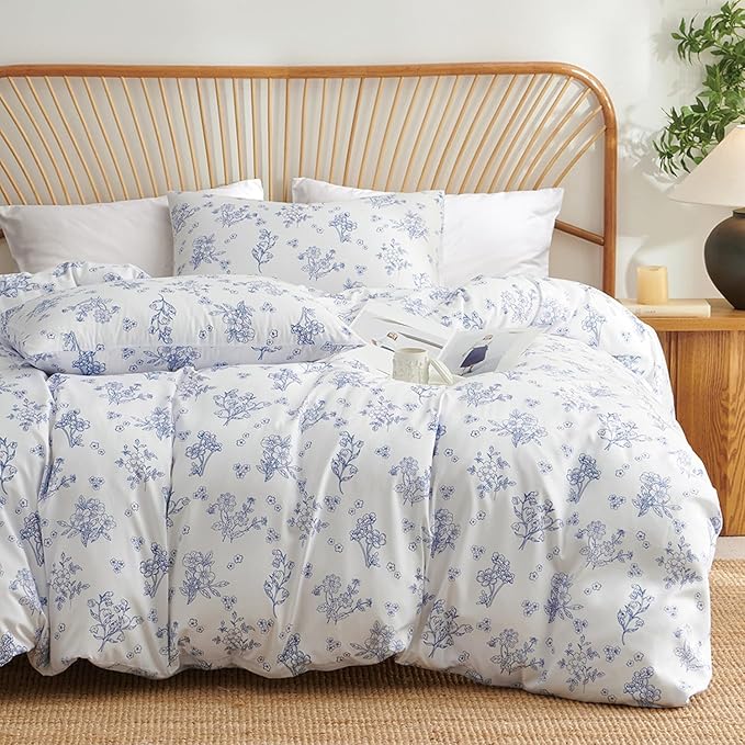Nayoroom Blue Floral Duvet Cover Full Size Cottagecore Flower Leaf Spring Comforter Cover 3 Pcs Soft Breathable Microfiber Pastoral Aesthetic Bedding Set with Zipper Closure