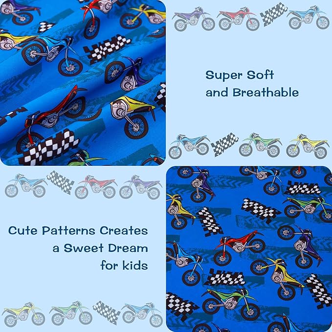 Kids Sheet Set Twin Size, Twin Sheet Set with Motorcycle Pattern，Breathable Silky Soft Microfiber Kids Fitted Sheet