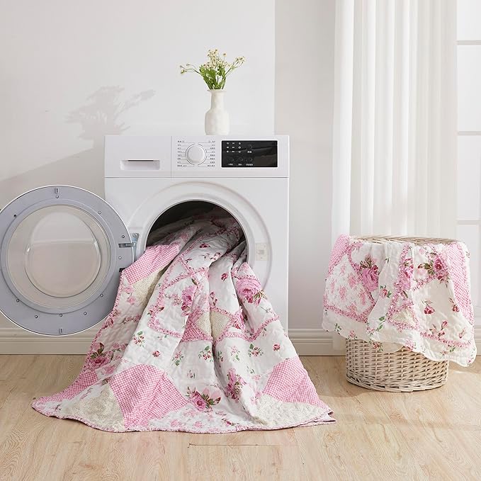 VIVILINEN Pink Patchwork Quilt Set Queen Size Reversible Quilted Bedspread Coverlet Set 3-Piece Floral Lightweight Comforter Stitched Bedding Set Bed Sheet Set Cover Blanket with 2 Pillow Shams | Pink Quilt Set, Patchwork Quilt Set, Reversible Bedsprea...