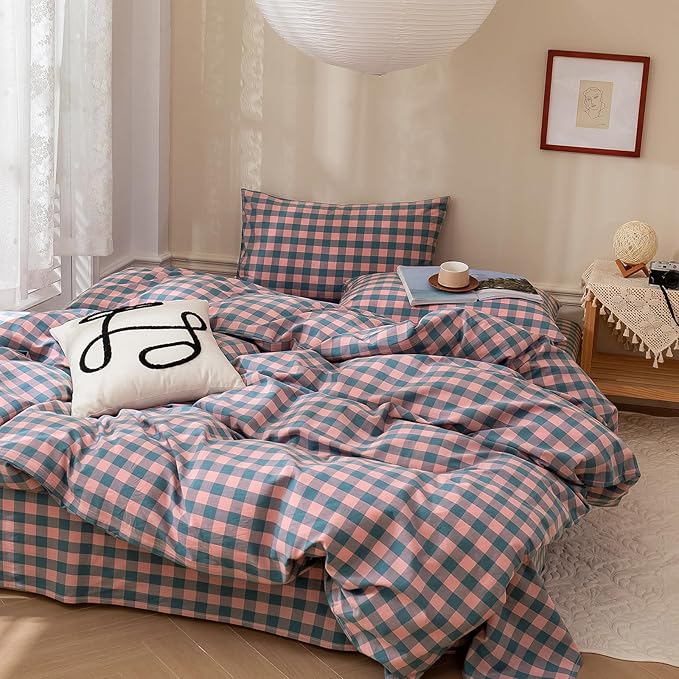 Queen Comforter Set Modern Style Checkered Pattern Comforter Purple Pink Plaid Bedding Comforter Lightweight Fluffy Soft Boho Grid Bedding Geometric Plaid Comforter Set Queen with 2 Pillowcases