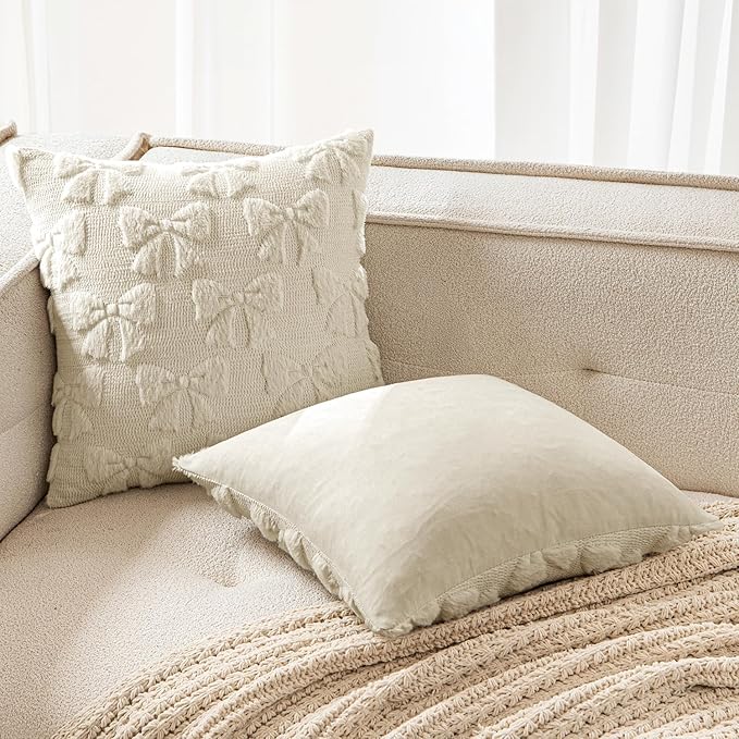 MIULEE Beige Bow Pillow Covers Coquette Room Decor Aesthetic Set of 2 Decorative Cute Girl Vlentine Pillow Covers Spring Soft Plush Faux Pillowcase for Preppy Room Decor Bedroom Couch,18x18 Inch