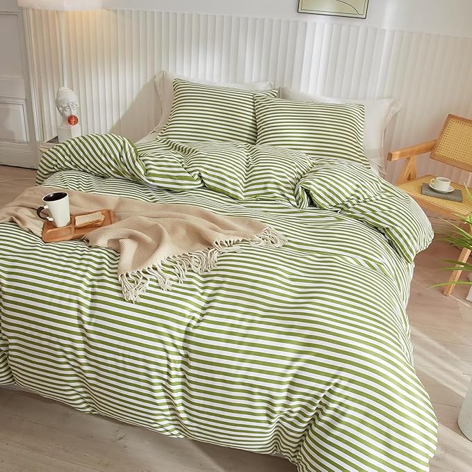 Striped Comforter Set Twin XL Modern Style Green White Stripes Pattern Bed Comforter for All Seasons 3 Pieces Boho Fluffy Comforter with 2 Pillowcases Cozy Farmhouse Lightweight Bedding Comforter Set